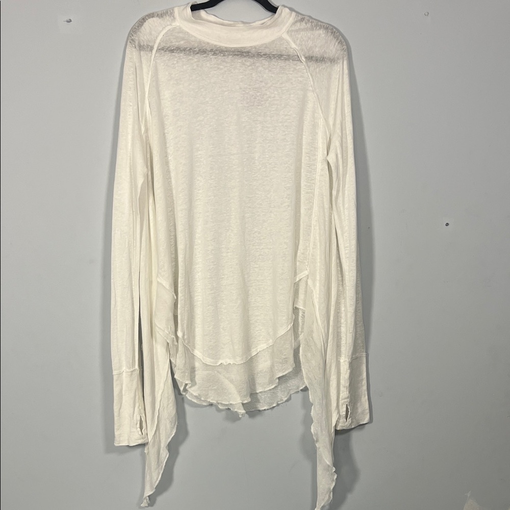 NWT Free‎ People White Long Sleeve Tassel Hem Linen Shirt Medium Boho Hipster